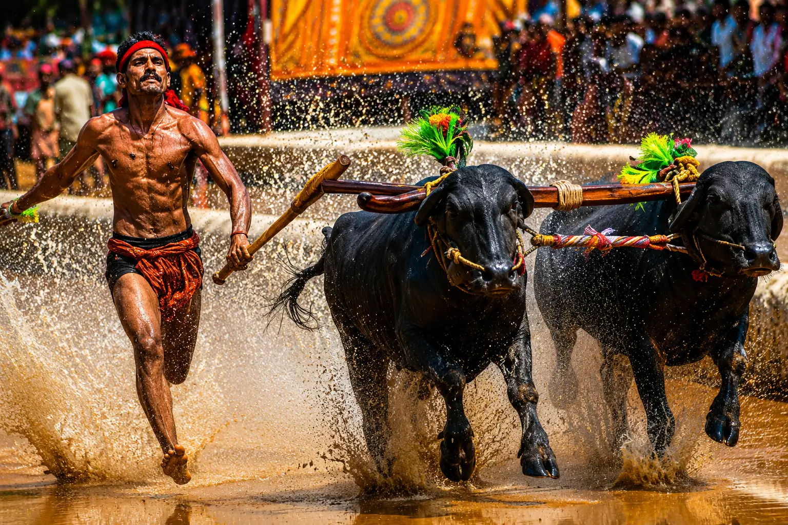 Kambala buffalo race in a
          paddy field